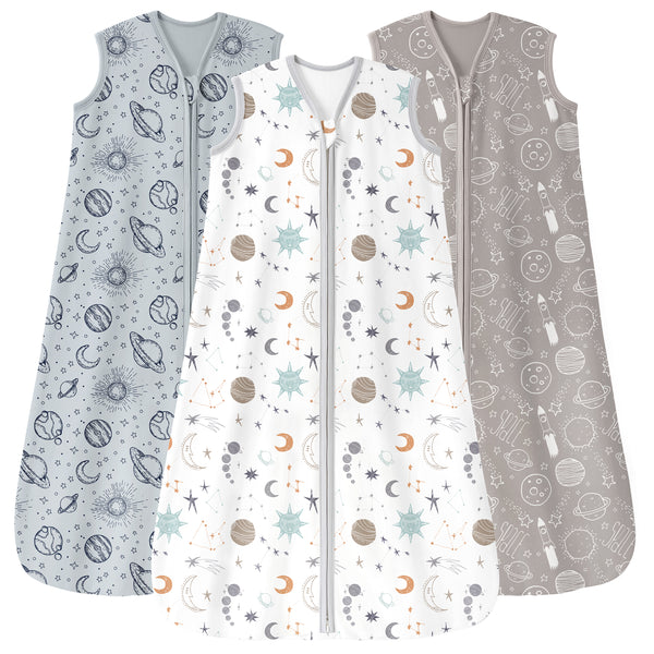 Baby Sleep Sack 6-12 Months 3 Pack 100% Cotton Lightweight 0.5 TOG Wearable Blanket Baby Sleep Bag with 2-Way Zipper for Newborn Infant White Gray Blue Space