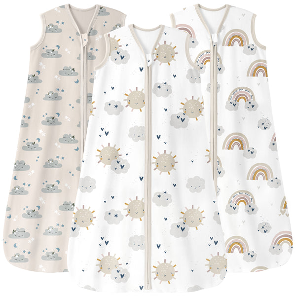 Baby Sleep Sack 0-24 Months 0.5 Tog Wearable Blanket Baby, 3 Pack 100% Cotton Lightweight Sleeping Sack with 2-Way Zipper for Infant Toddler Apricot White Sun Clouds