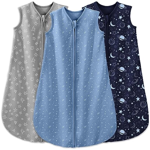 Unnivoll Baby Sleep Sack 12-18 Months 3 Pack 100% Cotton Lightweight 0.5 TOG Wearable Blanket Baby Sleep Bag with 2-Way Zipper for Newborn Infant Toddler Grey Blue Planets