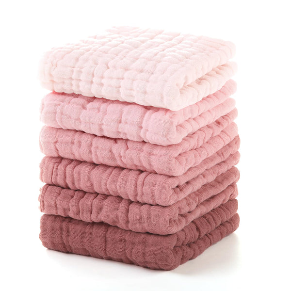 Unnivoll Muslin Baby Washcloths 6 Pack, 100% Cotton Wash Cloths for Babies, Large 12''X12'' Absorbent and Soft for Newborn Boys Girls - Gradient Pink